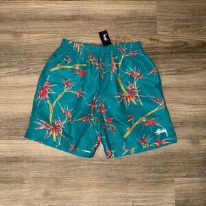 Stussy Mens Tropical Swim Trunks L Teal Birds of Paradise 5" Inseam